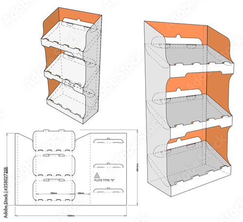 Counter display stand and Die-cut Pattern. The .eps file is full scale and fully functional. Prepared for real cardboard production.