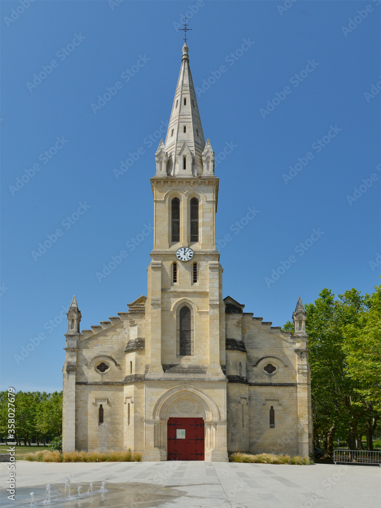 Church of “coeur du bassin” seen from front at Audenge, commune is a located on the northeast shore of Arcachon Bay, in the Gironde department in  southwestern France
