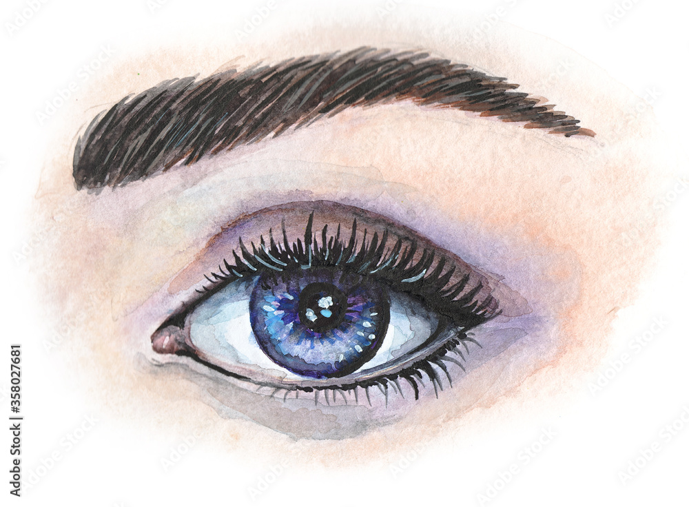 Obraz premium Watercolor drawing of a blue eye with cilia and eyebrow