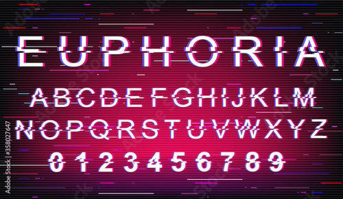 Euphoria glitch font template. Retro futuristic style vector alphabet set on purple background. Capital letters, numbers and symbols. Joyful feeling typeface design with distortion effect