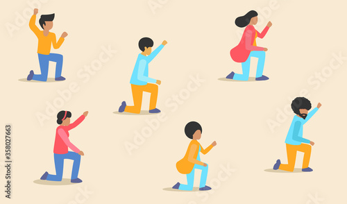 Black Lives Matter protesters kneeling hold up hand. Peaceful protest against racism and police brutality. Crowd of men and women. Vector stock illustration. Flat style. Seamless pattern banner.