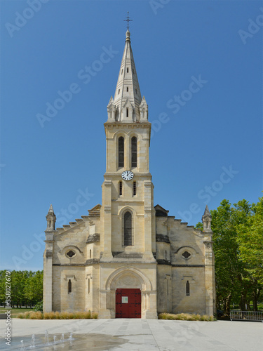 Church of “coeur du bassin” seen from front at Audenge, commune is a located on the northeast shore of Arcachon Bay, in the Gironde department in southwestern France