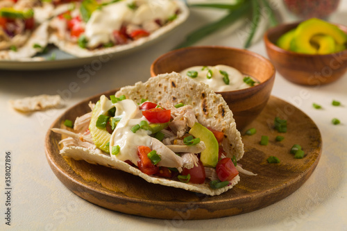 Mini tortillas with tomato salsa, avocado and boiled chicken. Front view.