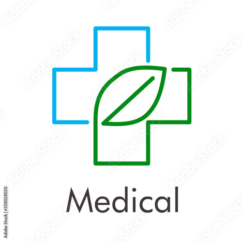 Concepto asistencia sanitaria. Logo Medical lineal con hoja de planta verde en cruz azul