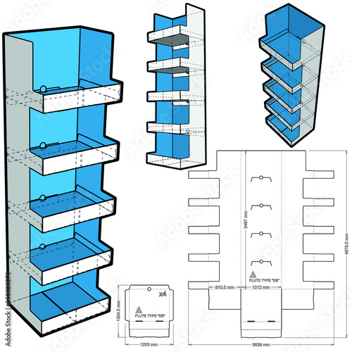Counter display stand and Die-cut Pattern. The .eps file is full scale and fully functional. Prepared for real cardboard production.