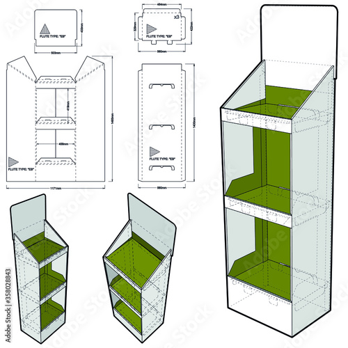 Counter display stand and Die-cut Pattern. The .eps file is full scale and fully functional. Prepared for real cardboard production.
