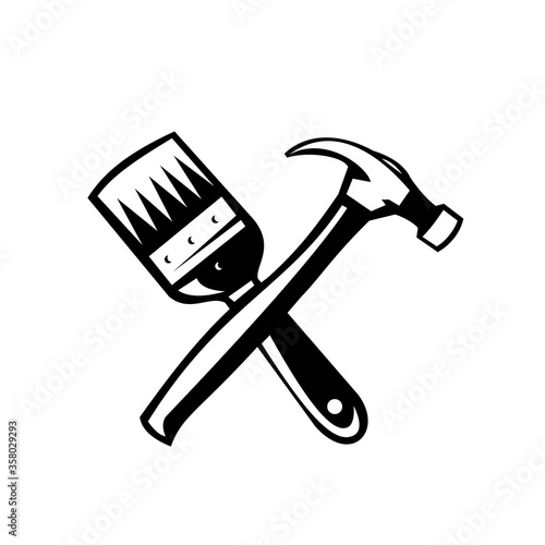 Crossed Paint Brush and Hammer Retro Black and White