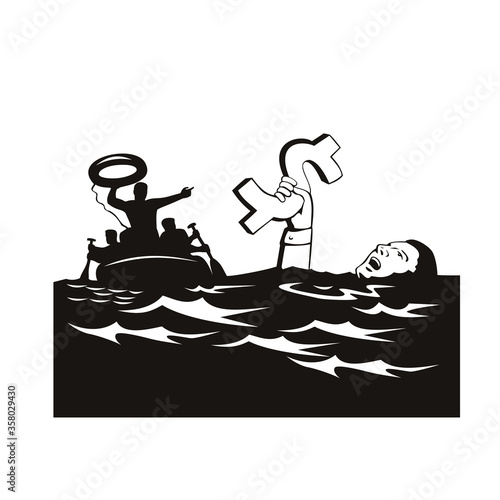 Man Drowning With Debt Dollar Being Rescued Retro Black and White