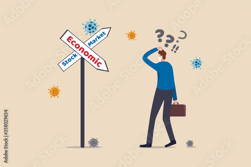 Stock market rising up in economic downturn recession due to Coronavirus COVID-19 outbreak concept, businessman investor confusing with traffic sign show economic recession and stock market rise up.