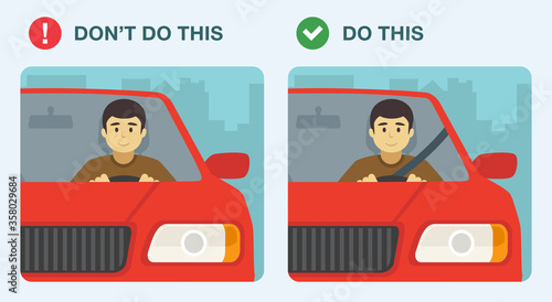 Wear seatbelts while driving. Wrong and right. Flat vector illustration.