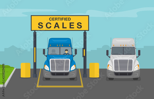 Trucks at weigh station. Board truck scales system. Front view. Flat vector illustration.