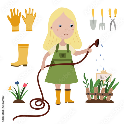 Cute blonde girl gardener with hose watering flowers and herbs in her garden. Set of garden tools and instruments - fork, trowel, scissors, gloves, boots. Flat vector illustration isolated on white
