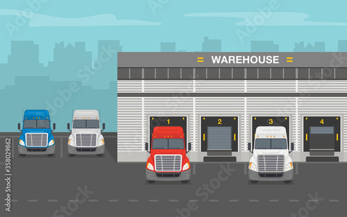 Trucks at city warehouse building. Flat vector illustration.