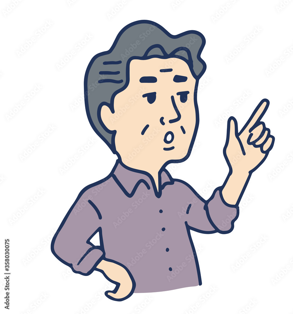 指差しながら説明する中年男性の上半身 指差しながら説明する中年男性の上半身