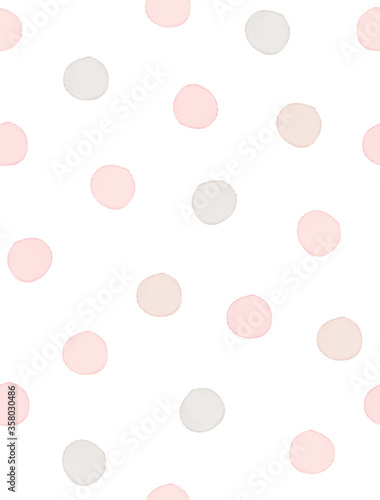 Seamless Geometric Vector Pattern with Pastel Pink and Gray Polka Dots on a White Background. Watercolor Style Dotted Print. Cute Repeatable Vector Design with Hand Drawn Dots. Baby Boy Party Pattern.