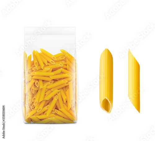 Transparent package with penne pasta isolated on white background. Vector illustration. Can be use for template your design, promo, adv. EPS10.	