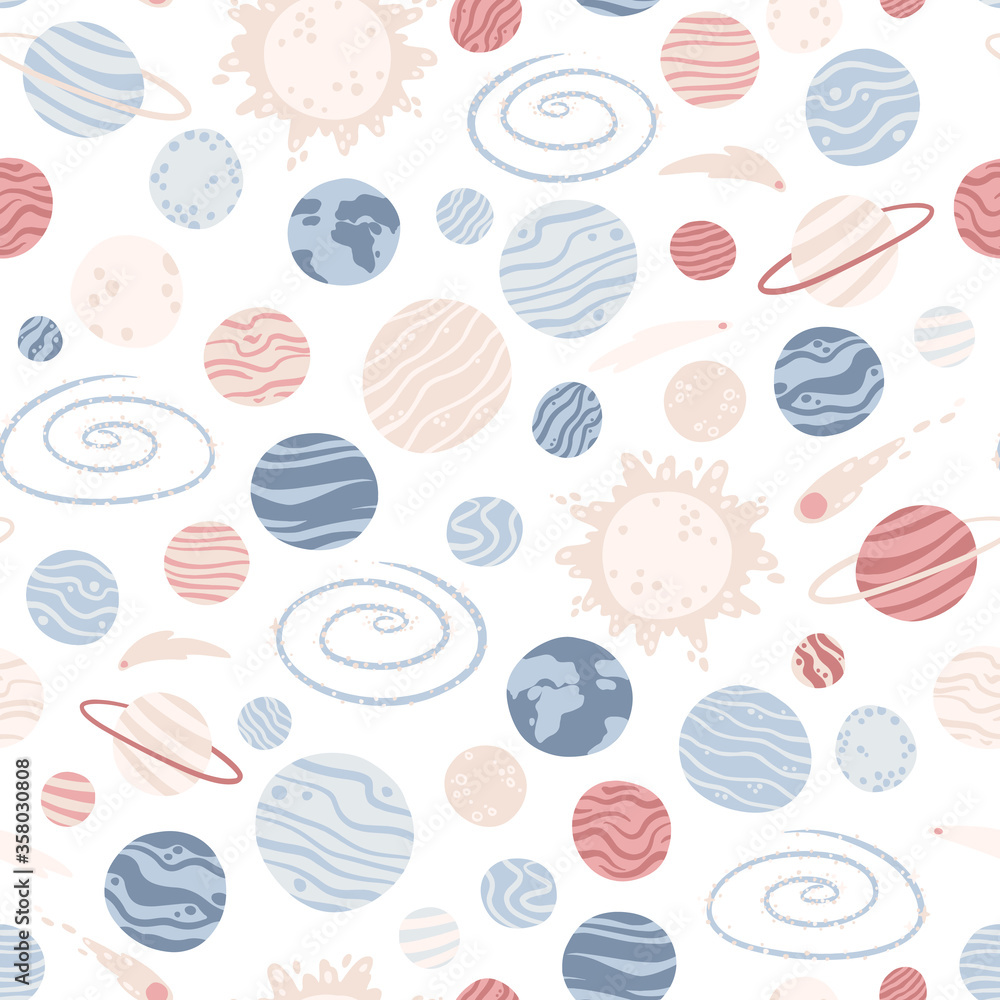 Galaxy cosmic seamless pattern with planets, stars and comets. Childish vector hand drawn cartoon illustration in simple scandinavian style. Pastel isolated on a white background.