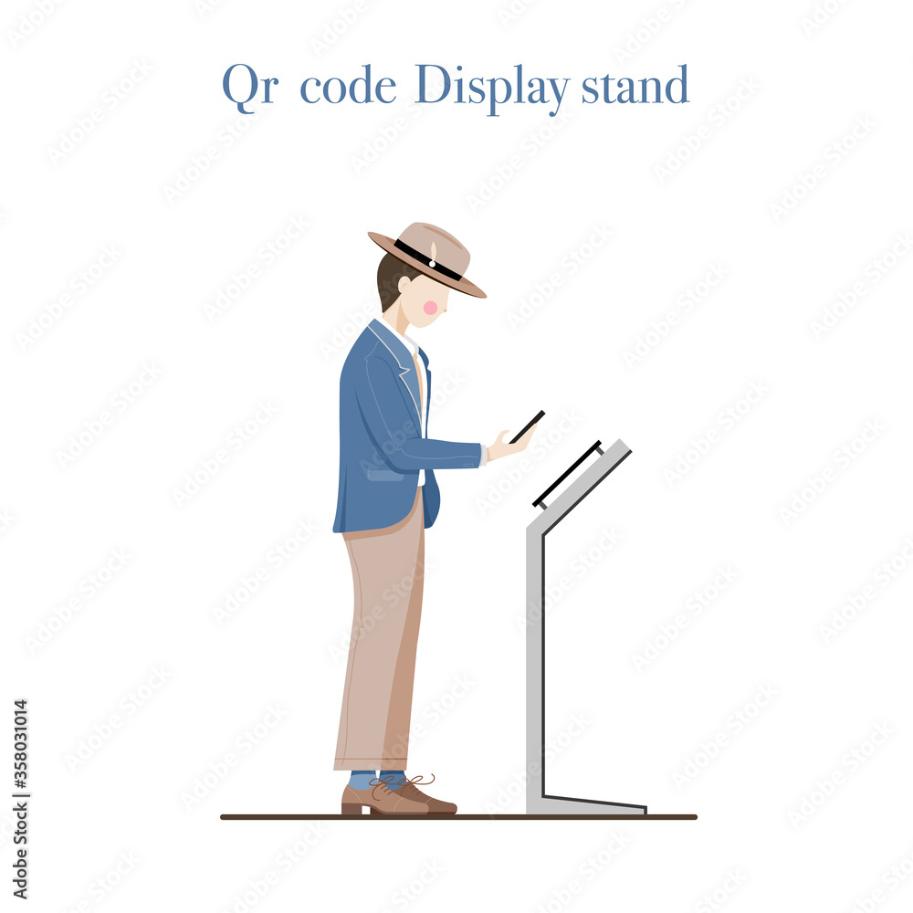 Fototapeta premium Working men holding a smartphone that is scanning the code on the qr code display stand and isolated background. Vector illustration