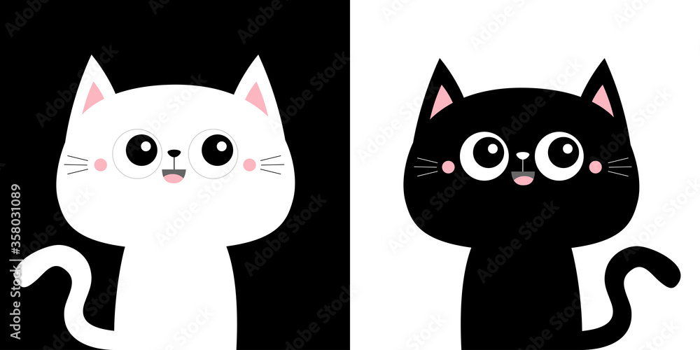 Cute black cat kitty kitten icon set. Kawaii cartoon character. Smiling face, tail. Happy Valentines Day. Baby greeting card tshirt notebook cover print. White black background. Flat design Cute black cat kitty kitten icon set. Kawaii cartoon character. Smiling face, tail. Happy Valentines Day. Baby greeting card tshirt notebook cover print. White black background. Flat design