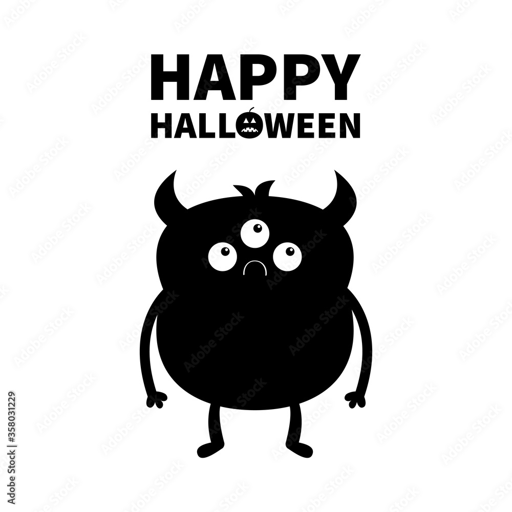 Monster black silhouette. Happy Halloween. Cute cartoon kawaii sad character icon. Eyes, horns, hands. Funny baby collection. White background. Isolated. Flat design. Monster black silhouette. Happy Halloween. Cute cartoon kawaii sad character icon. Eyes, horns, hands. Funny baby collection. White background. Isolated. Flat design.