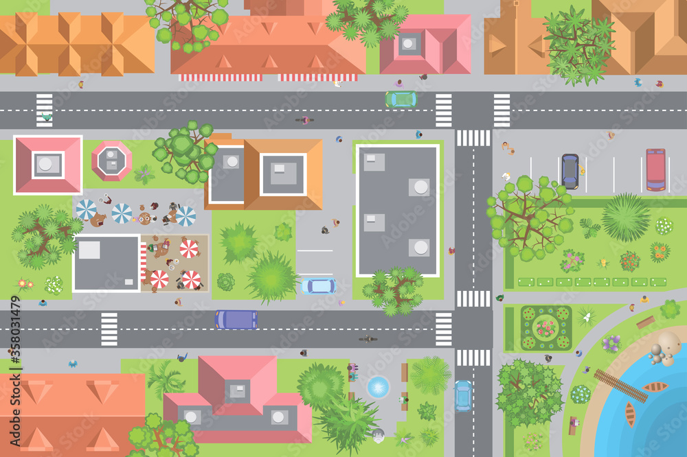 Vector illustration. City top view. Cityscapes view from above.
Streets, houses, buildings, roads, parks, cars, people, trees.