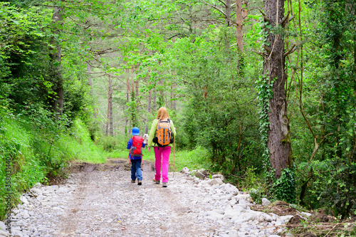 Woman and son walking along a path in the woods on the mountain