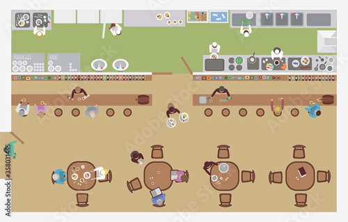 Vector illustration. Cafe top view. The restaurant hall, bar, kitchen, tables, visitors, waiters, cooks. (view from above) 
