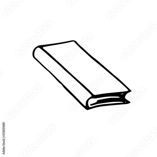 Book icon. Simple outline drawing of closed book, doodle. Vector hand drawn illustration in black and white. Isolated on white background