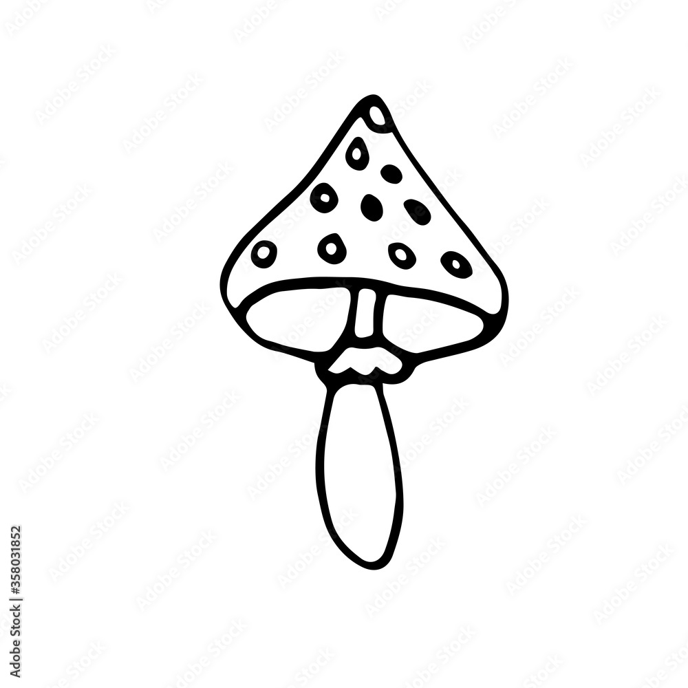 Hand drawn contour icon of a fly agaric mushroom in the Doodle style. Simple vector illustration isolated on a white background Hand drawn contour icon of a fly agaric mushroom in the Doodle style. Simple vector illustration isolated on a white background