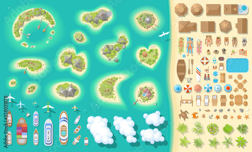 Vector set. Summer vacation. Tropical islands. (top view) Time to travel - sun, sea, island, sand, yacht, airplane, people, furniture, palm trees, clouds. (view from above)