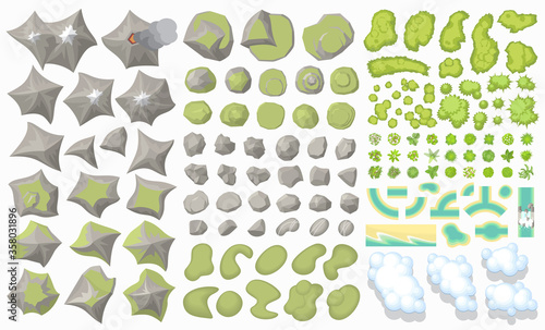 Set of landscape elements. (Top view) Mountains, hills, rocks, stones, trees, plants, river, clouds. (View from above)
