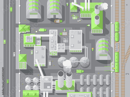Vector illustration. Factory top view. Production, industry, transportation, technology. Plant view from above.
