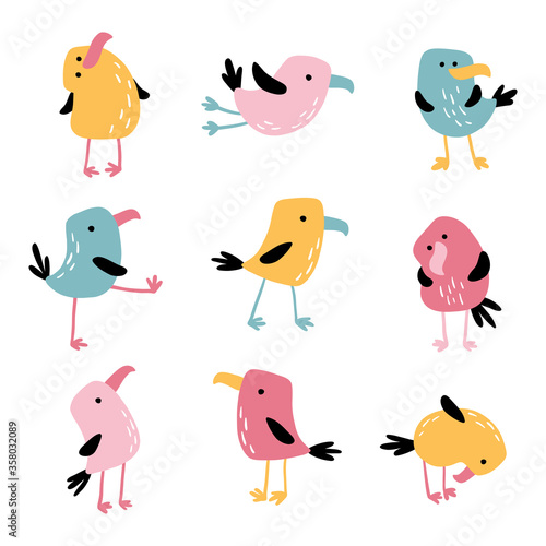 Tropical funny birds. Vector colorful parrots in simple flat hand-drawn cartoon style. Colorful isolate characters on a white background