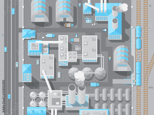 Factory top view. Production, industry, transportation, technology.
Plant view from above.