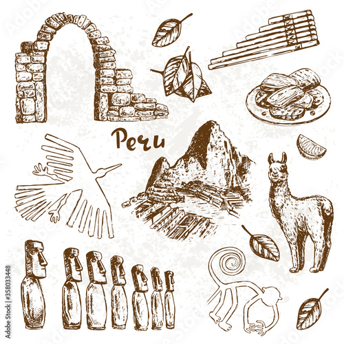 Hand drawn sketch illustration Peru on a white background