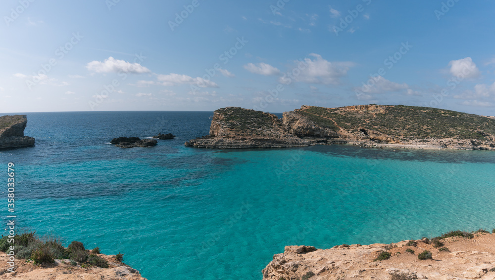 Panoramic view of the coastline on the island of Comino in Malta