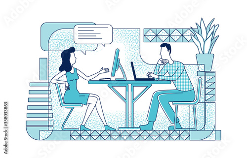 Collaborative project flat silhouette vector illustration. Coworkers communication and cooperation outline characters on white background. Employees at coworking office space simple style drawing