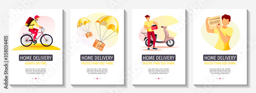 Set of flyers for Delivery services, Ordering, Cargo transportation, Scooter courier, Deliveryman. A4 vector illustration for poster, banner, advertising.