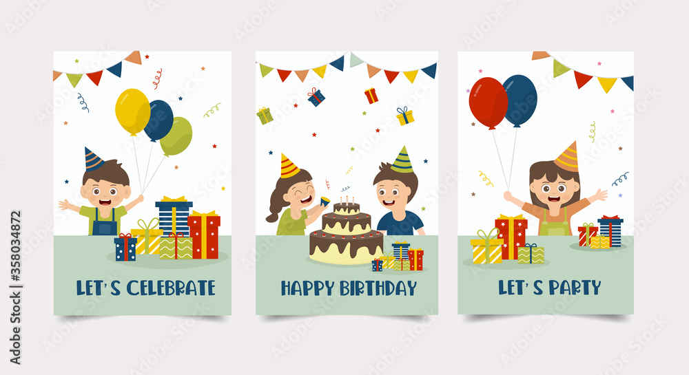 Children celebrate a birthday party. There are cakes placed on the table and gift boxes. With decorative balloons.Set card Happy birthday Vector illustration.
