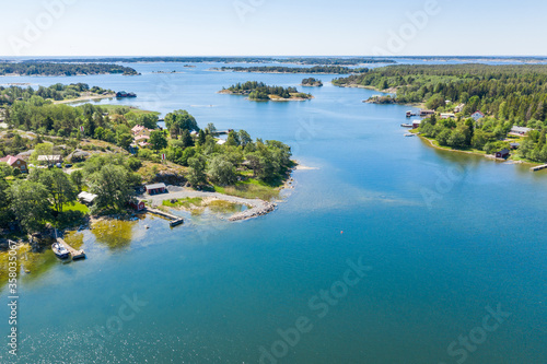 Aerial view of rural summer landscape in archipelago sea in southern Finland.