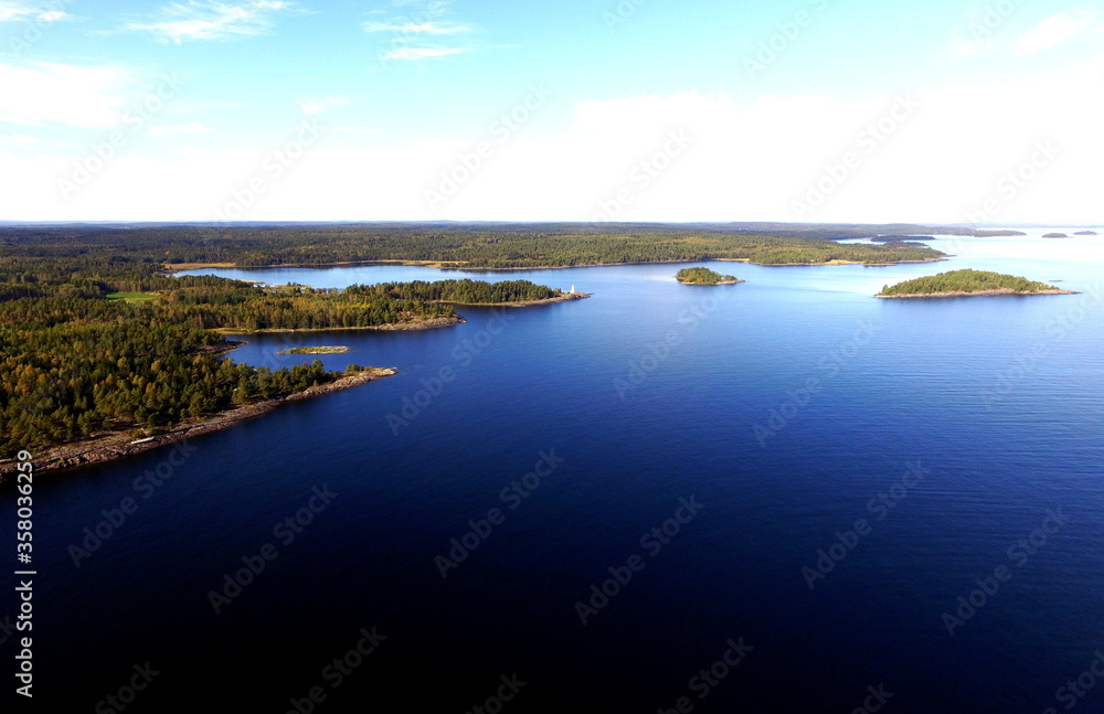 Aerial View of Great Lake Islands, Woods, Copyspace