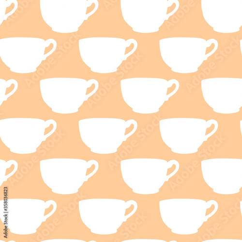 Seamless pattern with brown beige polka dots cups. Hand drawn simple kitchen supplies. Food and drink Vector illustration. For background, packaging, home decoration, kitchen textiles, menu, cafe