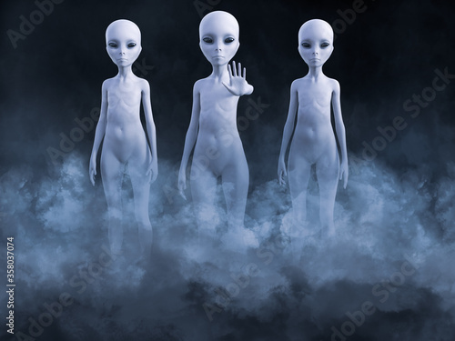 Bild auf Leinwand 3D rendering of three aliens appearing in smoke.
