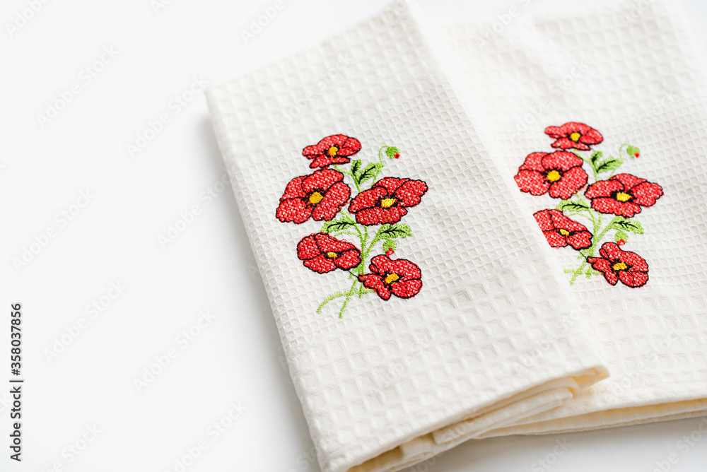 towel with flowers on a white background, tea towel with embroidery towel with flowers on a white background, tea towel with embroidery