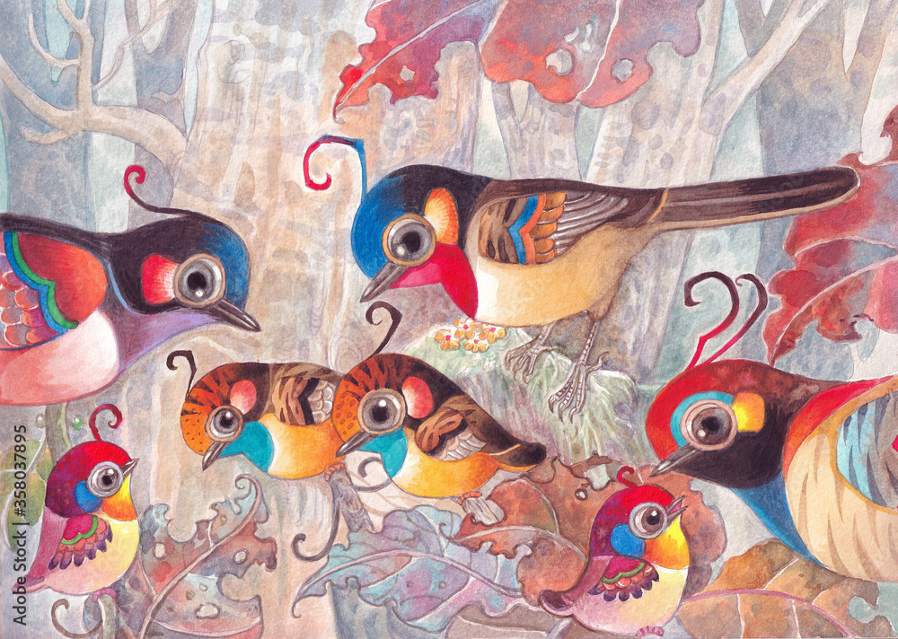 The two family of fantasy birds.Hand drawn watercolor illustration for background,greeting card,decoration,poster,pattern,wallpaper,birds cartoon image,nature illustration,clip art. The two family of fantasy birds.Hand drawn watercolor illustration for background,greeting card,decoration,poster,pattern,wallpaper,birds cartoon image,nature illustration,clip art.