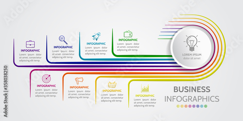 Horisontal infographic with thin lines and business icons with 8 options. Modern concept for diagram, timeline, brochure, infochart planning.