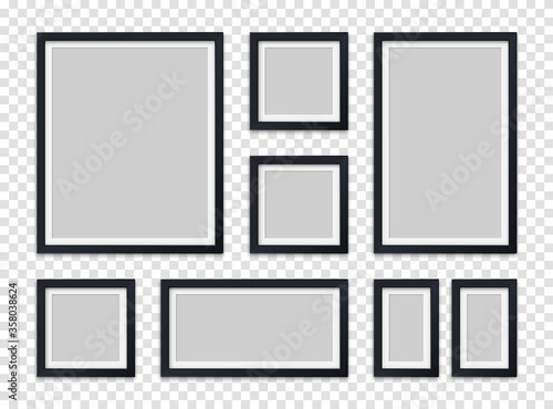 Realistic set picture frames black colors isolated on transparent background. Vector illustration.