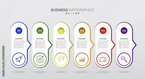 6 Horisontal arrows workflow steps. Business process graph, step to success diagram and arrow timeline vector infographic chart illustration.