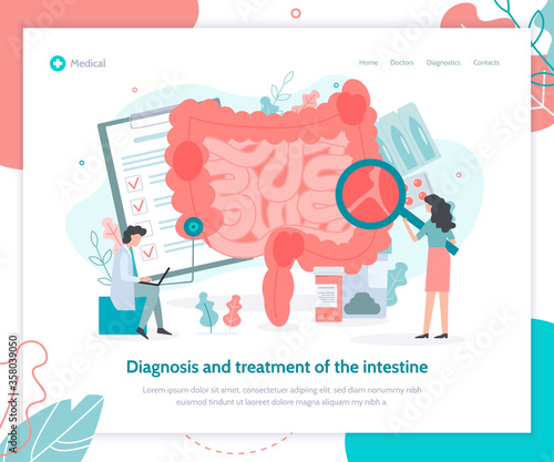 Diagnosis and treatment of the intestine. Landing design template. Medical flat vector illustration.