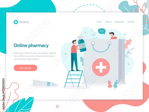 Online pharmacy. Home delivery drugs. Medical flat vector illustration. Web page design template. 